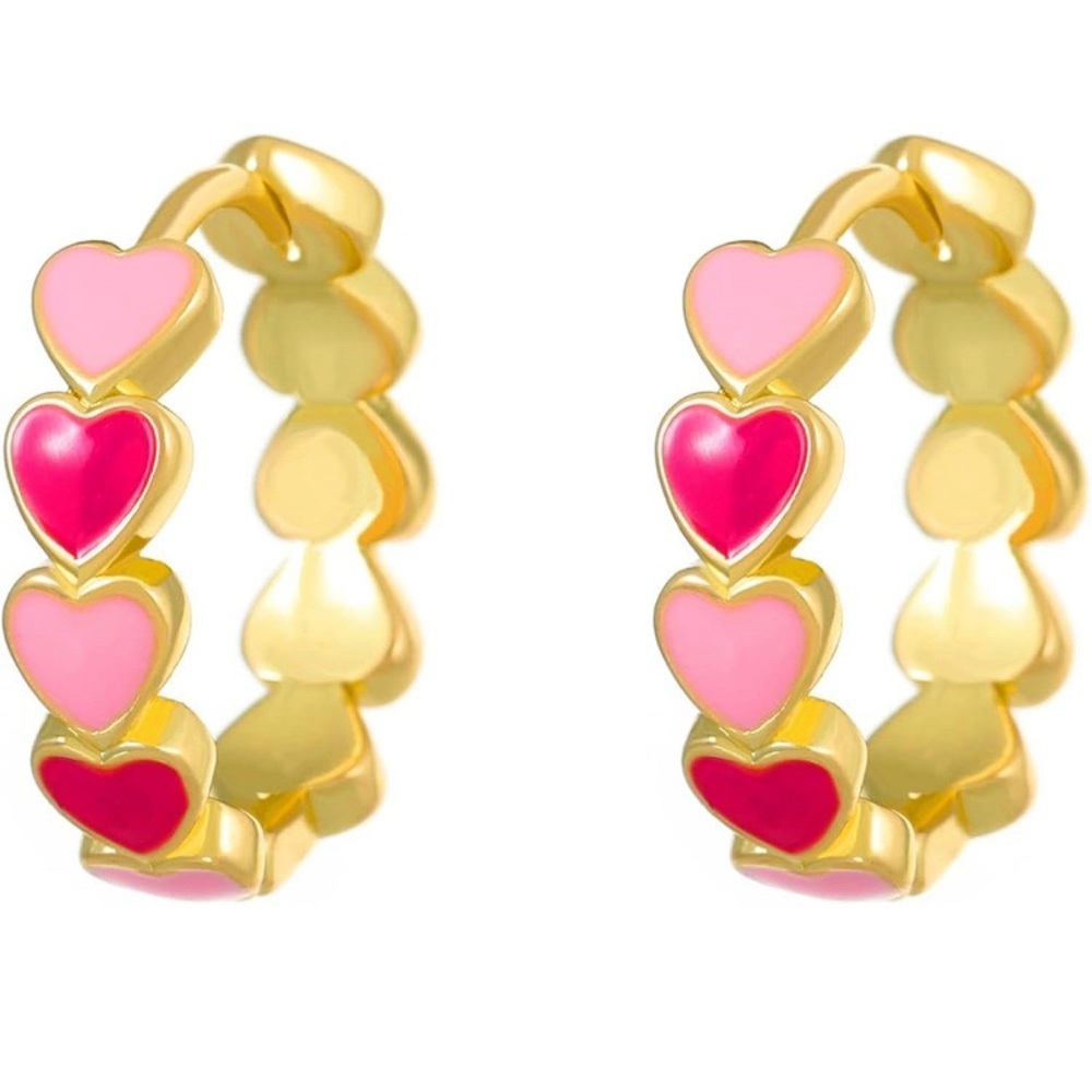 Gold and Pink Enamel Heart Earrings
